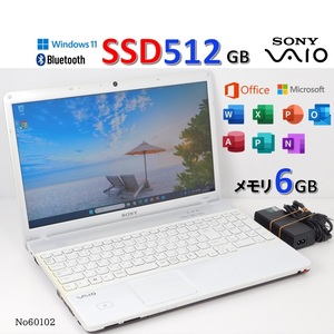 ■No60102■Windows11■Pentium■SSD512GB■メモリ6G■SONYノートパソコン■VAIO■VPCEB37FJ■office2021■