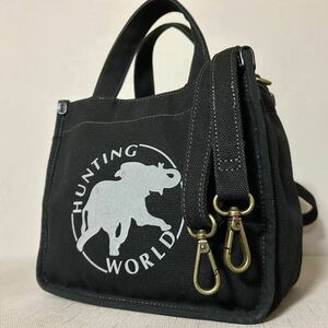 【美品/希少】HUNTING WORLD ハンティングワールド ショルダーバッグ ハンド 2way メンズ ビジネス 斜めがけ デカロゴ キャンバス ブラック