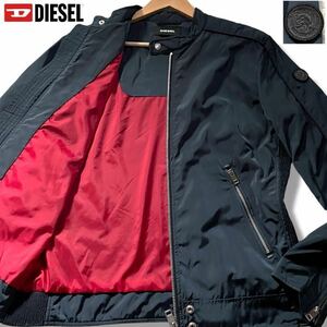 極美品/XLサイズ●DIESELディーゼル ナイロン ジップ ジャケット ライダース 春 スプリング 裏地レッド 赤 肩ブレイブマンロゴ ネイビー