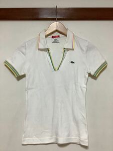 な1156 LACOSTE ラコステ Vネック 半袖ポロシャツ 38 レディース ホワイト EDITION LIMITEE 日本製