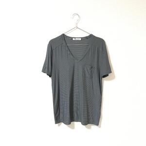 美品★ALEXANDER WANG アレキサンダーワン★メンズ Vネック ボーダー柄 半袖 Tシャツ カットソー トップス size XS レーヨン 管:B:01