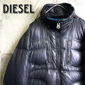 希少デザイン 美品 DIESEL ディーゼル 袖ブレイブマン メタルロゴ ダウンジャケット 格納フード ドローコード ネイビー 紺 L