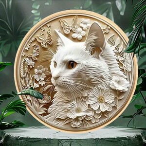 猫の飾り　木製プレート　白猫ロングG　猫の雑貨　HANAKO