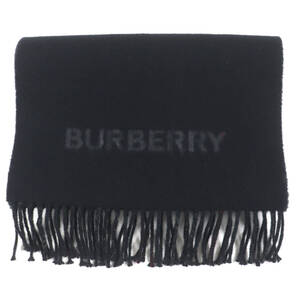 極美品▼BURBERRY バーバリー カシミヤ100% 現行品 チェック ロゴ フリンジ リバーシブル マフラー ブラック グレー 箱付 正規品 メンズ