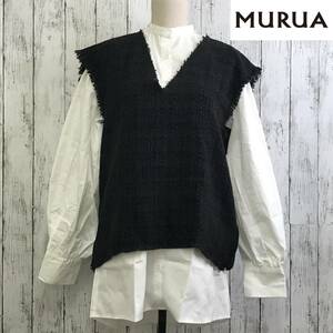 MURUA 　ムルーア　ルーズベストシャツワンピース　1サイズ　ブラック　 別々でも使える2way仕様　ダメージ加工　S5.5-156　USED