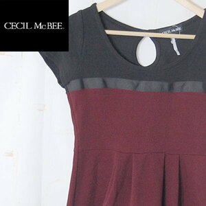 セシルマクビーCECIL McBEE■バイカラー トップス 半袖 プルオーバー ペプラム■M■ブラック×ワインレッド ※IW4510026