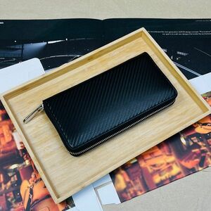 【田中革具】訳あり/新品 ブラック カーボンレザー 長財布 ラウンドファスナー ロングウォレット 牛革 メンズ財布 ビジネス 紳士 男性