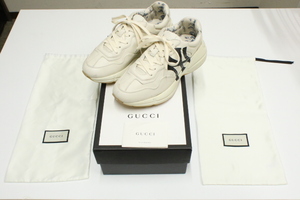 14万円 厚底 5センチUP グッチ ロゴ ヤンキース NY レザー スニーカー ライトン ダッド GUCCI シューズ 548638 YANKEES Rhyton 靴 6 (25.0)