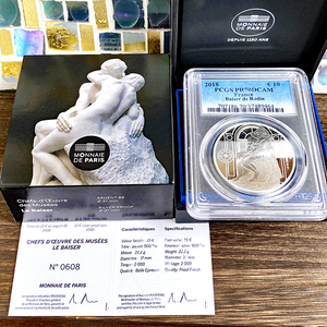 ★最高鑑定【接吻】 COA・BOX付 2018 フランス ロダン 近代美術 銀貨 PCGS PR70DCAM 10ユーロ プルーフ 未使用 モダン アンティーク コイン