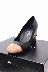 CHANEL 12C ESCARPINS レザー コルク ウェッジ パンプス 36.5 ブラック シャネル KL4QASUP93