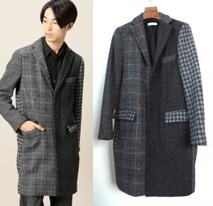 定価5.1万 BEAUTY & YOUTH × ハリスツイード クレイジー チェスターコート M HARRIS TWEED ウール チェック グレー系 BY B&Y 別注 コラボ