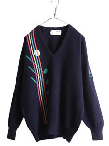 80s スコットランド製 プリングル Vネック ウール ニット セーター メンズ M 大きめ 古着 80年代 ヴィンテージ PRINGLE 絵柄 刺繍 ネイビー