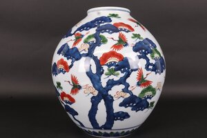 【珍品堂】1円から　館林源右衛門染錦松鶴　花瓶　飾り壺　美品上品　古美術　骨董品　高約24.2cm