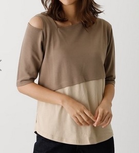 3289円　値札付き　Tシャツ　アズール　Sレディース　半袖　Tシャツ　ベージュ　ASYMMETRY FAKE LAYERED TOPS２　トップス 