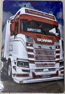 新型 スカニア アートポスター 金属製 SCANIA 30×20 ホワイト ハイルーフ トレーラー 送料無料