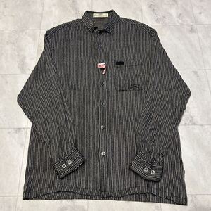 90s BALENCIAGA PARIS バレンシアガ ストライプ 刺繍ロゴ 皺加工 ビンテージ 長袖シャツ レーヨン68% 麻23% ポリエステル9%