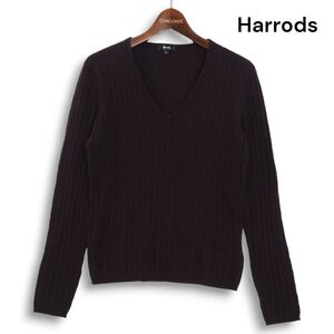 Harrods ハロッズ 秋冬 カシミヤ100%♪ Vネック ケーブル ニット セーター Sz.S　レディース ブラウン　K4T01481_A#K