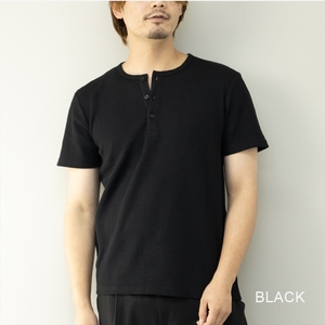 【即落送料込】ブラック サイズＬＬ ワイルド派リラックス派まで SKKONE ヘンリーネック半袖Tシャツ ワッフル地（吸湿性サーマル生地）