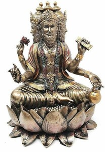 ヒンドゥー教 創造神 蓮の王座に座る ブラフマー神 （梵天）インド宗教神話 仏像彫刻 彫像（輸入品）