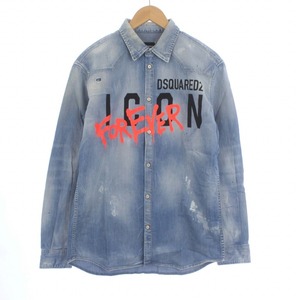 ディースクエアード DSQUARED2 タグ付き Icon Forever Rix Shirt デニムウエスタンシャツ 長袖 ロゴ ペイント ダメージ加工 48 M 青 ブルー