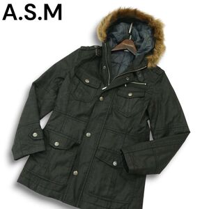 A.S.M アトリエサブ メン 秋冬 ファー★ 微光沢 中綿 ミリタリー コート Sz.48 メンズ 黒 ASM　A4T13117_C#N