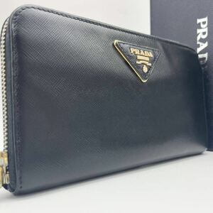 1円 極美品●PRADA プラダ 長財布 三角ロゴ ラウンドファスナー サフィアーノレザー ブラック 黒 メンズ レディース 近年モデル ビジネス