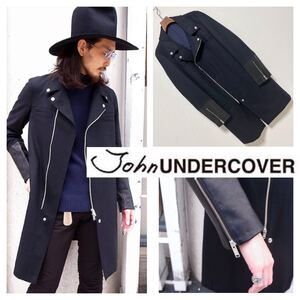 レア■John UNDERCOVER■レザー ロングライダースジャケット コート ロングコート 2 M ネイビー ブラック ジョンアンダーカバー 定71500円