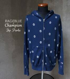 チャンピオン Champion レイジブルー RAGEBLUE 別注 復刻 トリコタグ 紺 エンブレム プリント スウェット ジップ パーカー M 傷補修跡有