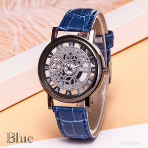 腕時計 時計 ギリシャ文字 ステンレス レザー ベルト 革 アナログ メンズ クォーツ ファッション 男女兼用 フレーム ブルー　2