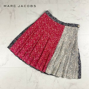 美品 Marc by Marc Jacobs マークバイマークジェイコブス シルク100% 総柄 切り替え プリーツスカート ミニ丈 黒 赤 ピンク サイズ0*JC809