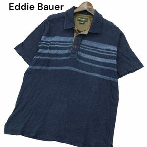 美品★ Eddie Bauer エディーバウアー 春夏 インディゴ★ ボーダー 半袖 ポロシャツ Sz.M　メンズ ネイビー アウトドア　A4T04138_4#A