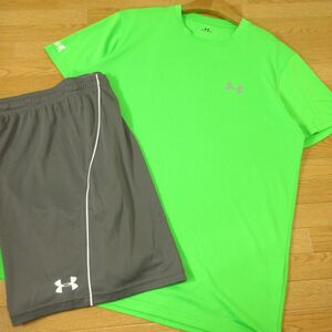 ◎美品！XL 上下セット！UNDER ARMOUR アンダーアーマー◆ジャージ 半袖 Tシャツ&ハーフパンツ ドライ 速乾◆メンズ 緑xグレー◆B4471