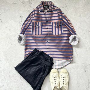 【初期 ナイジェルケーボン】日本製 サイズ2 M～Lサイズ ボーダー ストライプ 長袖 シャツ 紫赤 パープル Nigel Cabourn