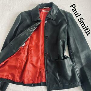 裏地派手!! 大きい Paul Smith Women ポールスミス レザージャケット ライダース 本革 牛革　ダークグリーン 黒っぽい緑 40 L 