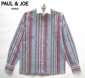 高級フランス製!!PAUL&JOE ポール＆ジョー*ストライプ柄長袖クレリックシャツ S グレー系×白