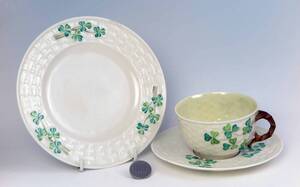 　　Belleek　=　Mカップ&ソーサー＆プレート　=　クローバー　(1級品)　T　