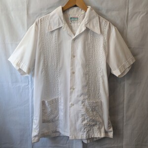 80s Vintage Guayaberas キューバシャツ メンズ L 半袖 白 ホワイト 刺繍 オープンカラー 80年代 ヴィンテージ ビンテージ