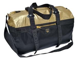 36万本物新品トム フォードTOM FORD MADE IN ITALY TF ロゴ入り 光沢のあるスタンプクロコダイルレザー×ナイロン バッグ GOLD /BLACK