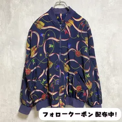 古着 used　長袖フルジップ総柄デザインナイロンジャケット　タッセル　星　ネイビー　レトロ　個性的　秋冬服