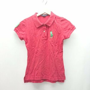 ◇ POLO RALPH LAUREN フロントボタン ブランドマーク 刺繍 派手色 半袖 ポロシャツ サイズS レッド レディース E