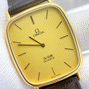 【稼働品】美品 オメガ OMEGA デビル DEVILLE メンズ 腕時計 クオーツ QZ 純正ベルト ゴールド文字盤 レクタン プッシュリューズ 1351 動作