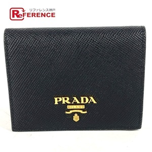 新品同様 PRADA プラダ ロゴ コンパクトウォレット 2つ折り財布 ブラック レディース.【中古】