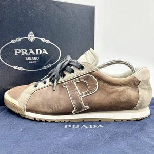 1円 〜【極上品】 PRADA プラダ 【漂う高級感】 メンズ スニーカー シューズ ローカット 靴 本革/レザー 三角ロゴ ブラウン 茶色27.0cm相当