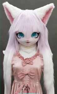 着ぐるみヘッド 猫 薄い紫 全頭ヘッド ケモノ マスク ファースーツ ぬいぐるみ コスプレ コスチューム