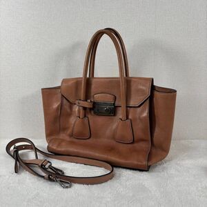 1円 PRADA プラダ 2way トートバッグ ハンドバッグ ショルダー 三角ロゴプレート ブラウン 茶色 レザー 革 ベージュ 斜め掛け レディース