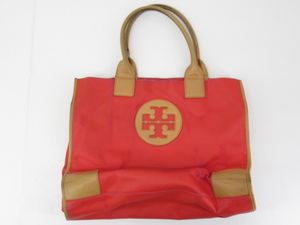 n51071-ap ジャンク◇TORY BURCH トリーバーチ ELLA TOTE エラ ナイロン レザー トートバッグ スクエア レディース レッド系 [169-241210]