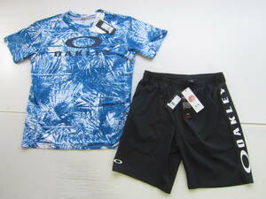 新品◆オークリーOAKLEY 半袖 Tシャツ & ショート パンツ M 青黒 迷彩 抗菌防臭 吸汗速乾 冷感 4WAYストレッチ トレーニング ジョギング/L