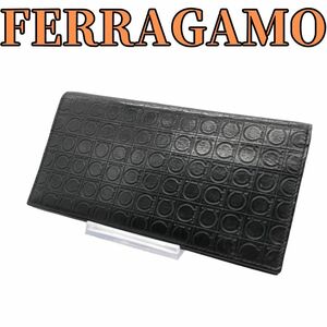 Salvatore Ferragamo　サルバトーレフェラガモ　メンズ 長財布 柄 薄手 折財布　ガンチーニ　型押し　総柄　ブラック　黒