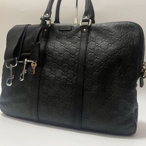 1円【美品】GUCCI グッチ 2way ビジネスバッグ ブリーフケース シマ レザー GG柄 ロゴ A4 ハンド ショルダー メンズ ブラック 黒