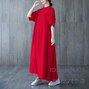 A2810☆新品カジュアル オシャレ 20304050代 ゆったり大きいサイズ 体型カバー 無地 半袖 ロングワンピース 赤